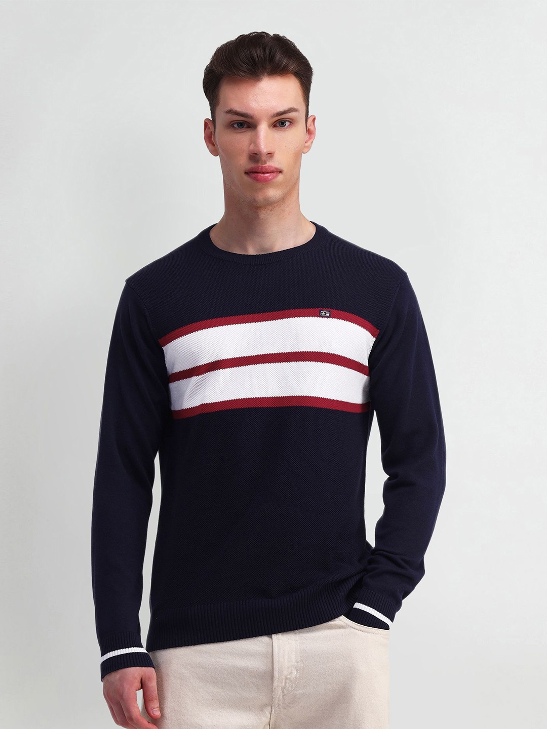 

Arrow Sport Men Striped Long Sleeves Round Neck Pullover Sweaters, Navy blue