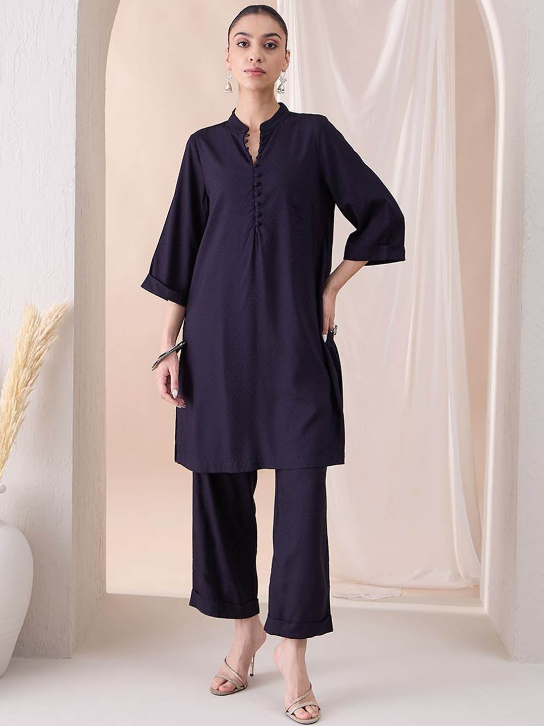 

Femella Self Design A-Line Kurta With Trousers, Black