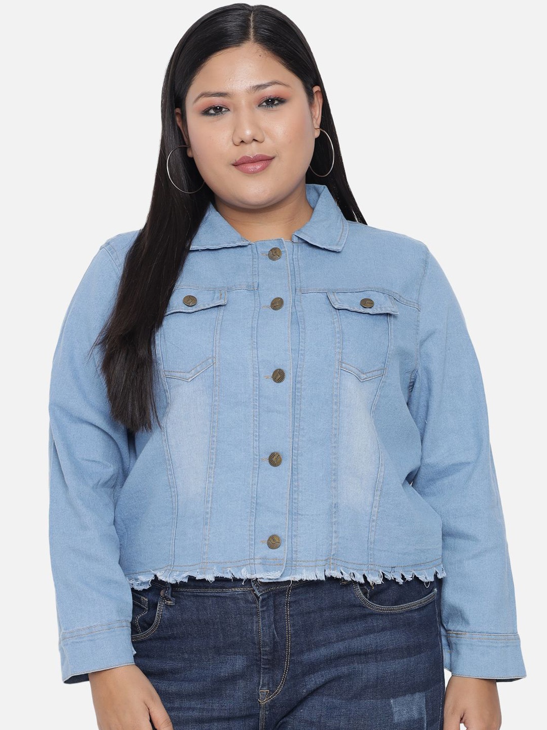 

Funday Fashion Women Spread Collar Washed Self Design Casual Denim Jacket, Blue