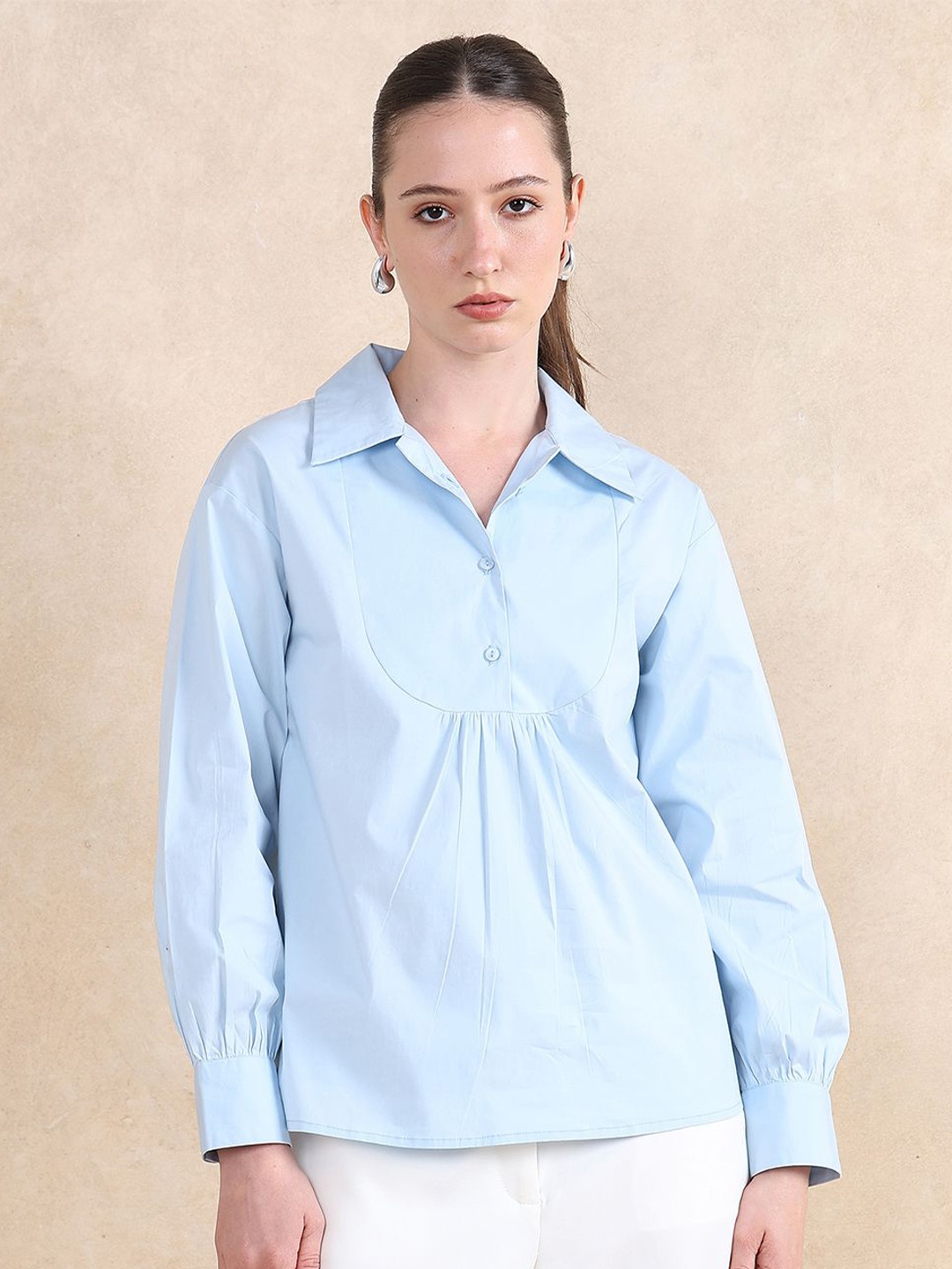 

RAREISM Women Bishop Sleeves Cotton Top, Blue