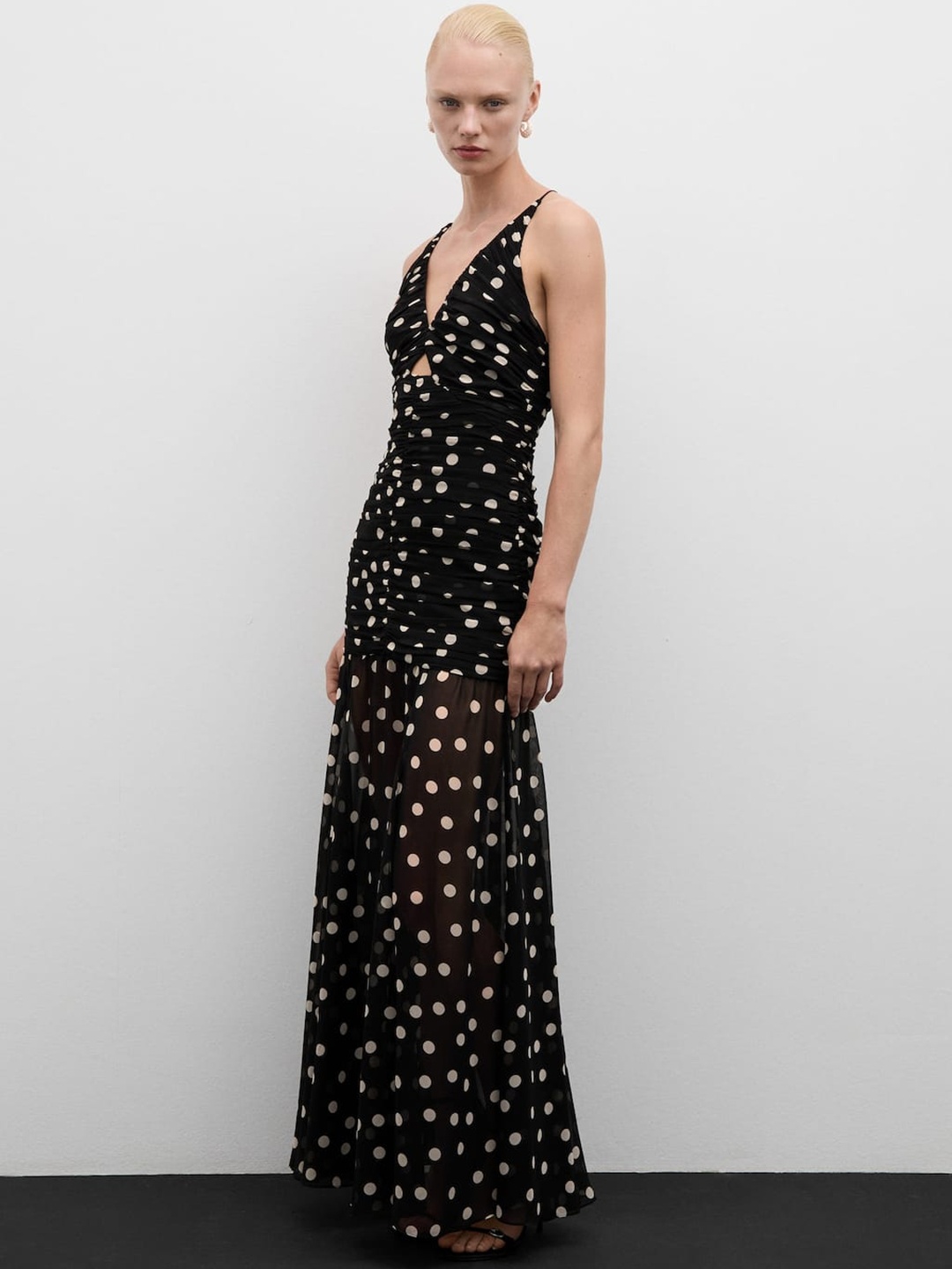 

MANGO Polka Dot Printed Shoulder Straps Sheath Maxi Dress, Black
