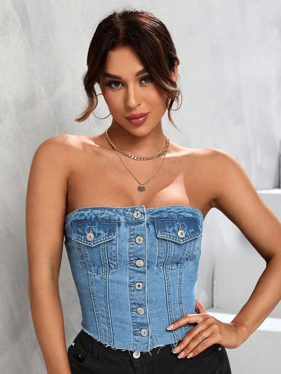

StyleCast Off-Shoulder Cotton Denim Crop Top, Blue