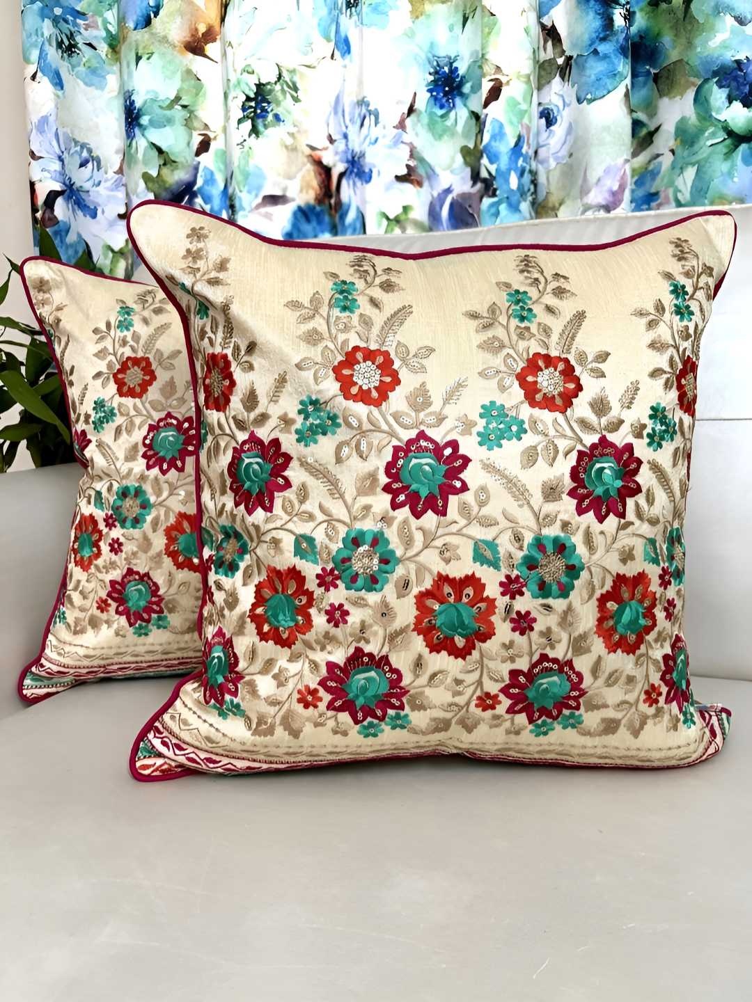 

TARA- Sparkling Homes Red & Beige 2 Pieces Embroidered Square Cushion Covers