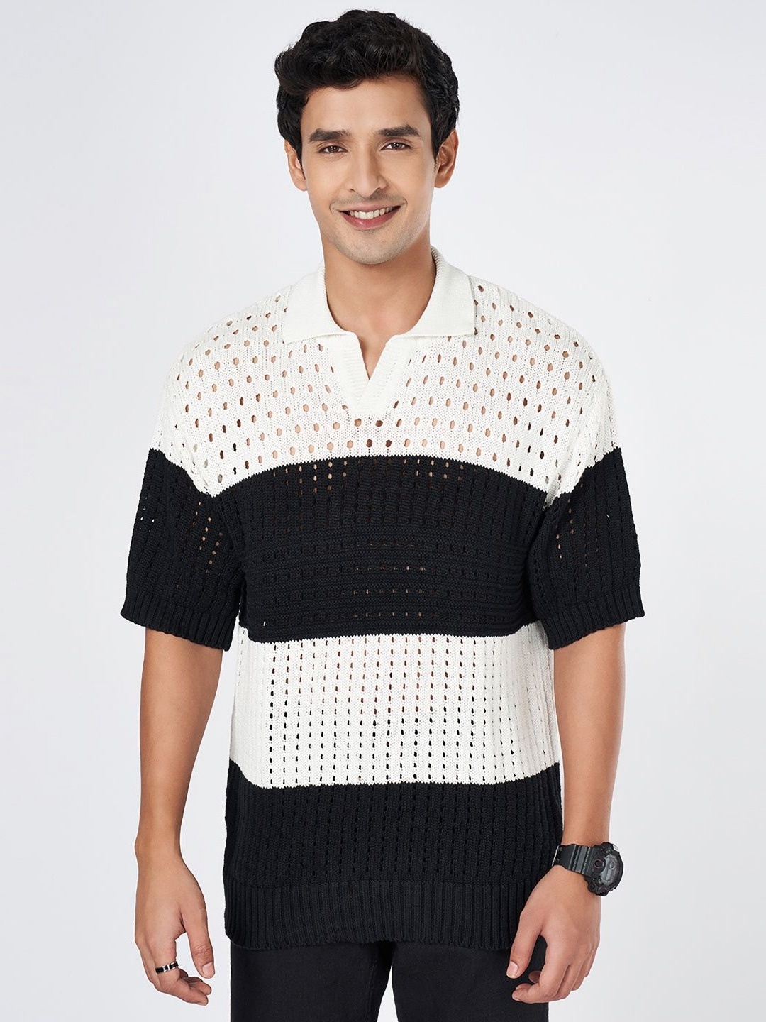 

People Men Polo Collar Monochrome Applique T-shirt, Black