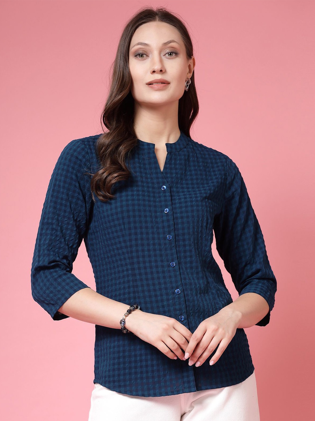 

BEING NAUGHTY Women Comfort Mandarin Collar Gingham Checked Casual Shirt, Green