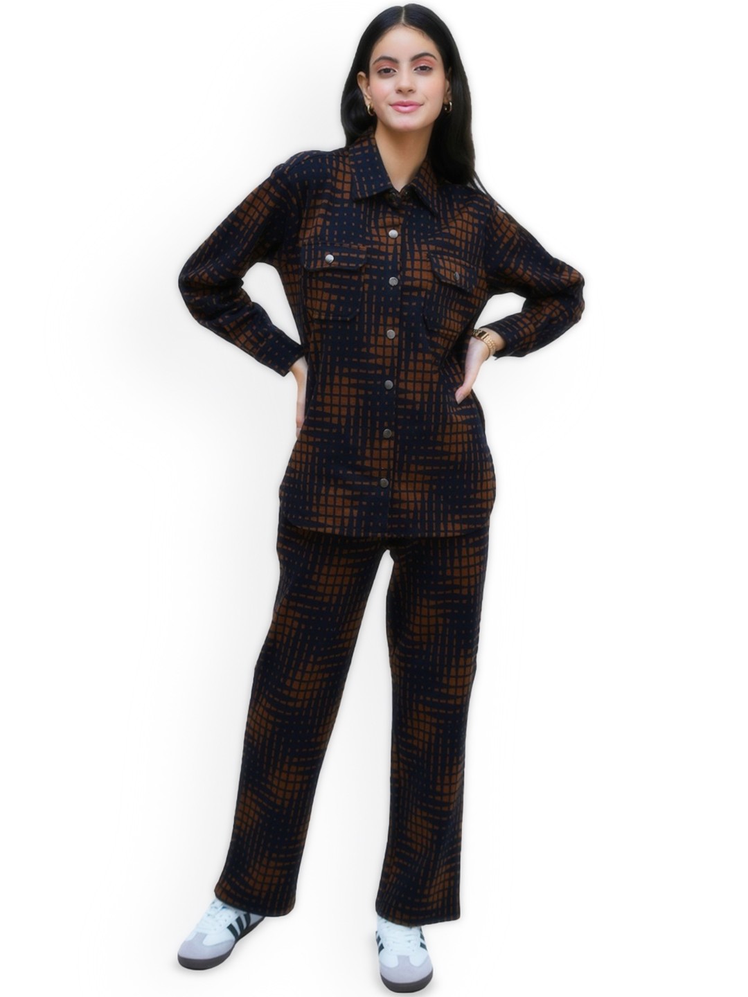 

PUREMIST Checked Printed Long Sleeves Shirt With Trouser, Tan
