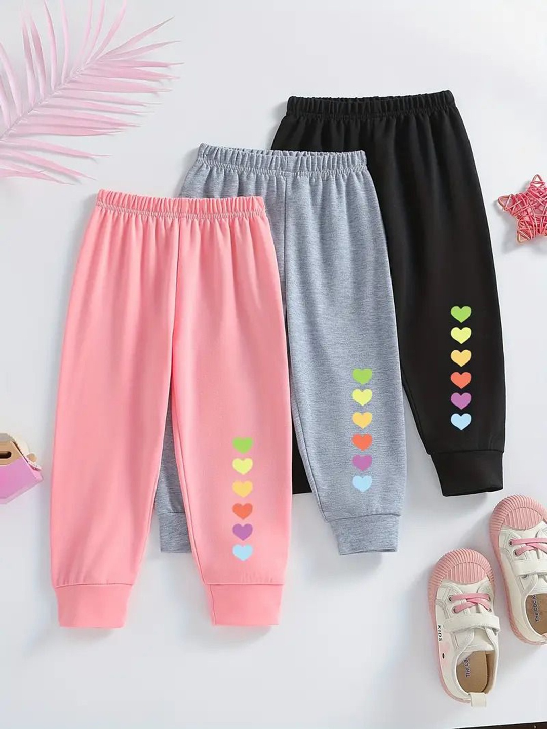 

BAESD Girls Pack Of 3 Printed Pure Cotton Mid-Rise Joggers, Grey