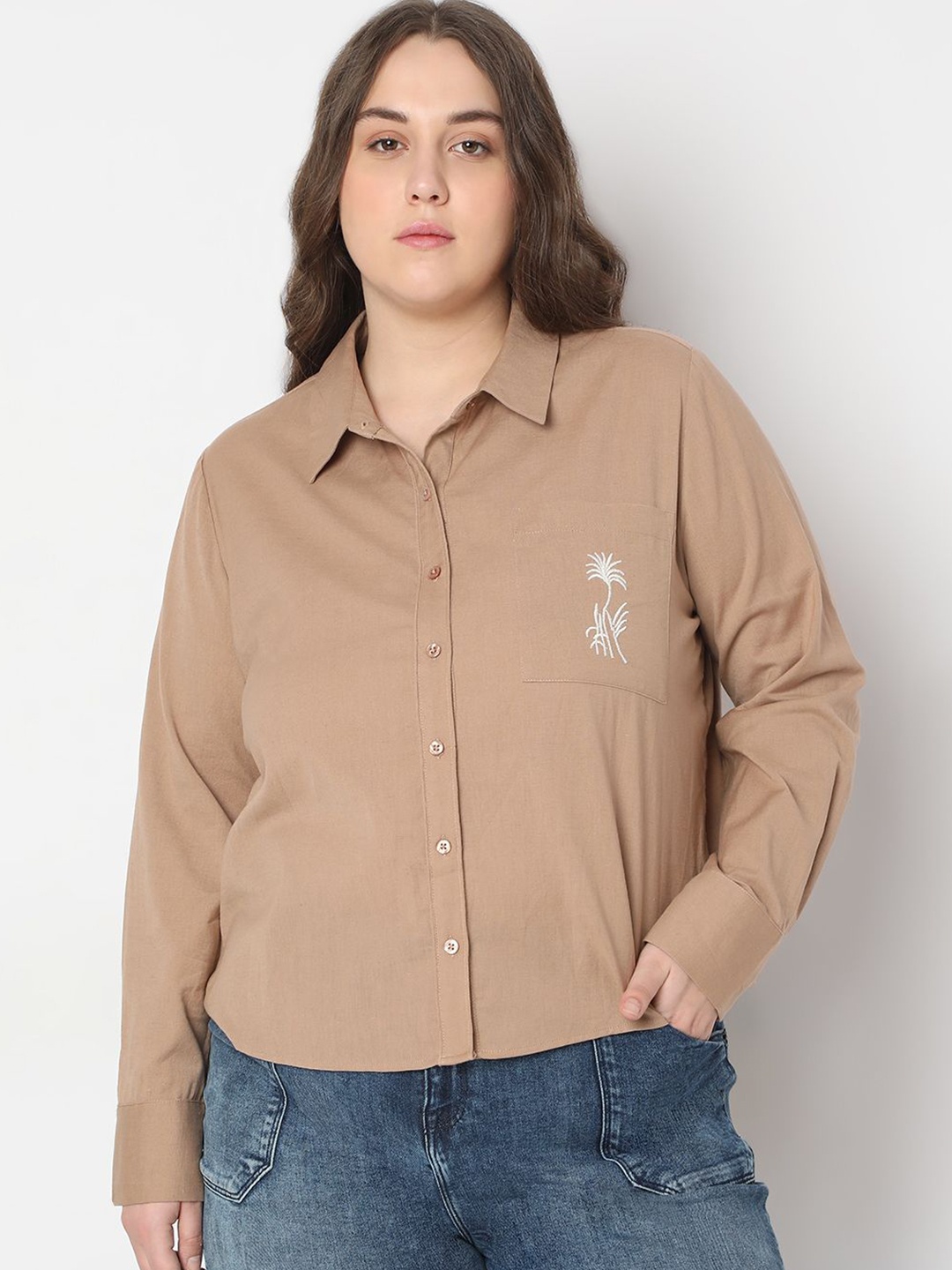 

VERO MODA CURVE Women Spread Collar Solid Cotton Casual Shirt, Brown