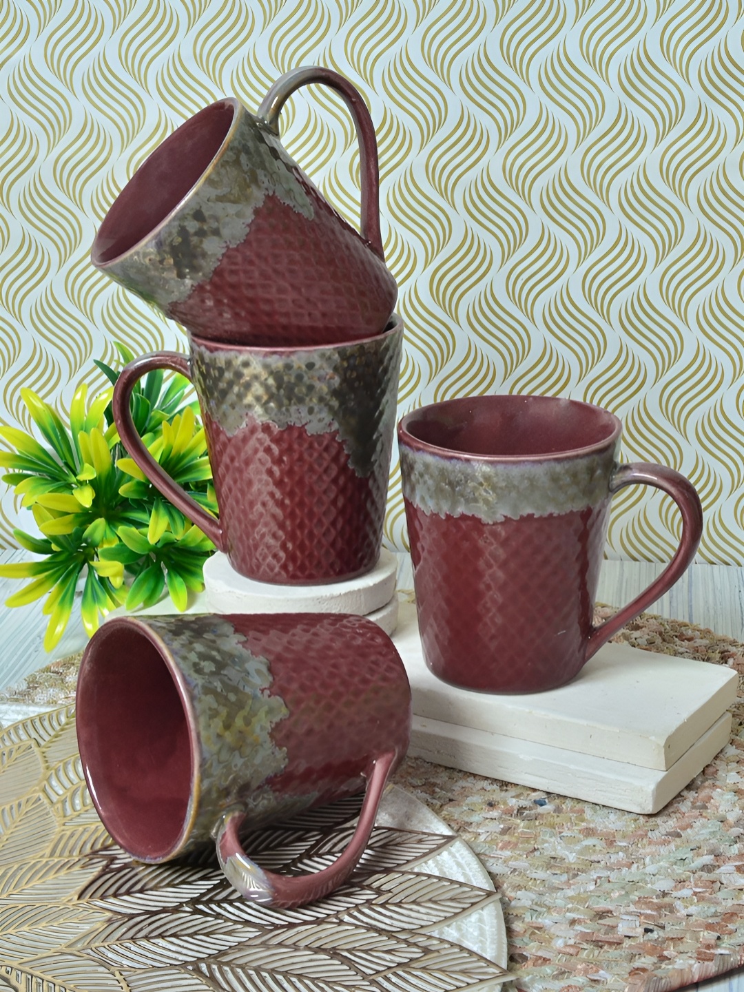 

FABINALIV Maroon & Grey 4 Pieces Printed Ceramic Glossy Mugs 270 ml each