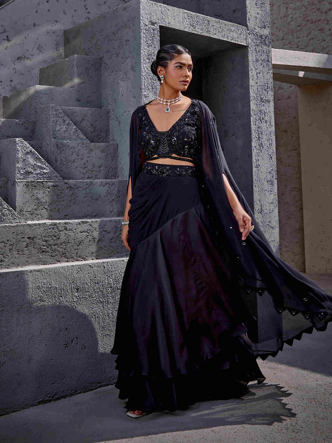 

MIKU KUMAR Embellished Made to Measure Lehenga & Blouse With Dupatta, Black