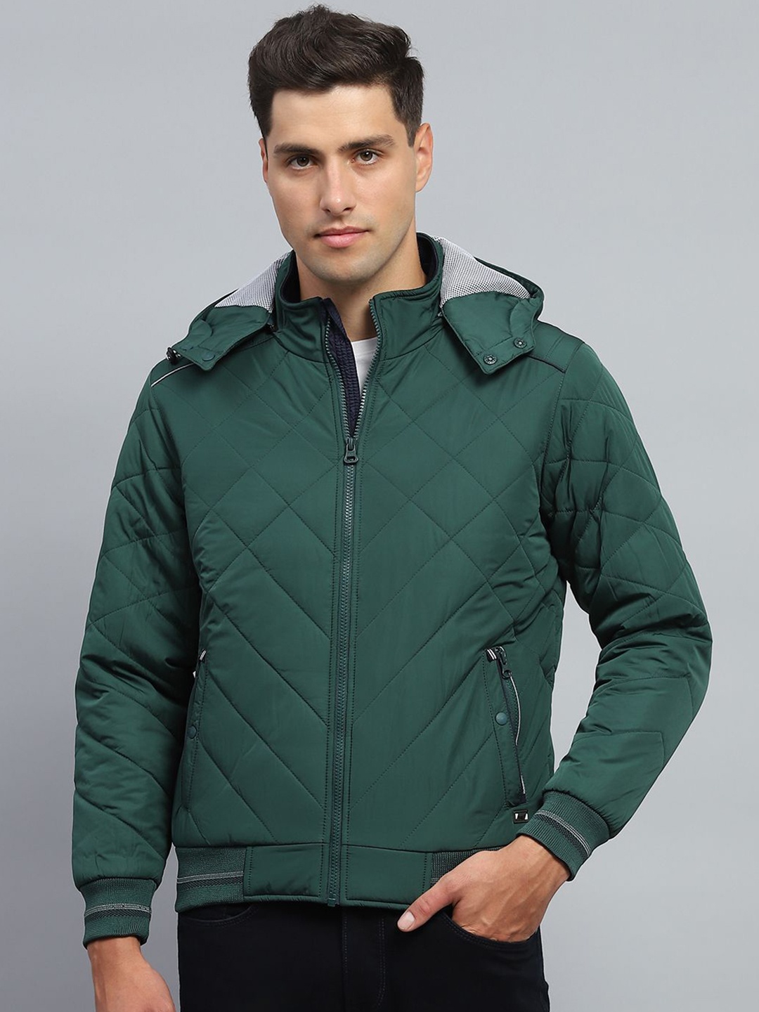 

Monte Carlo Men Hooded Solid Casual Quilted Jacket, Green