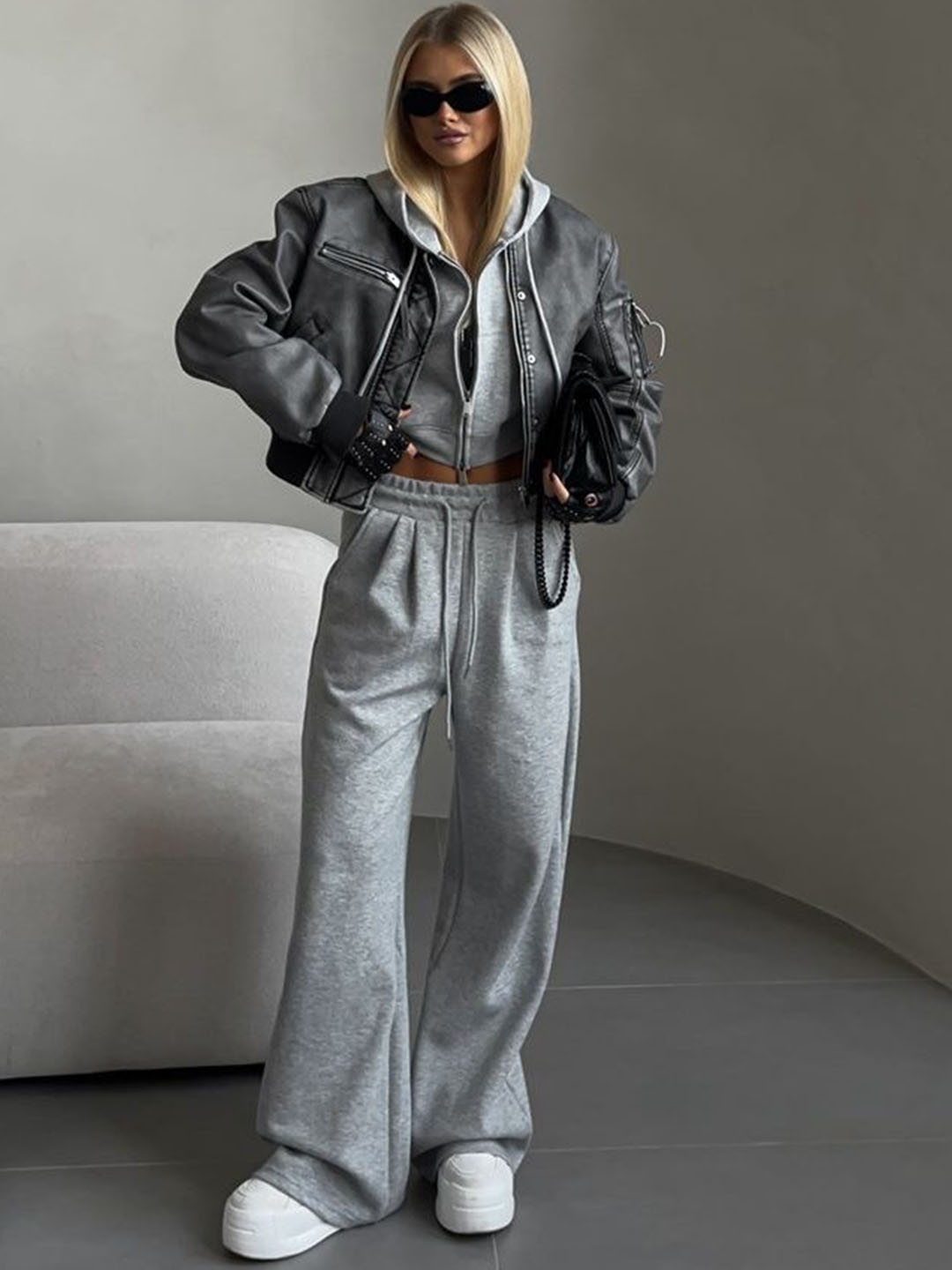 

LULU & SKY Loose Crop Hooded Top & Trouser Co-Ords, Grey