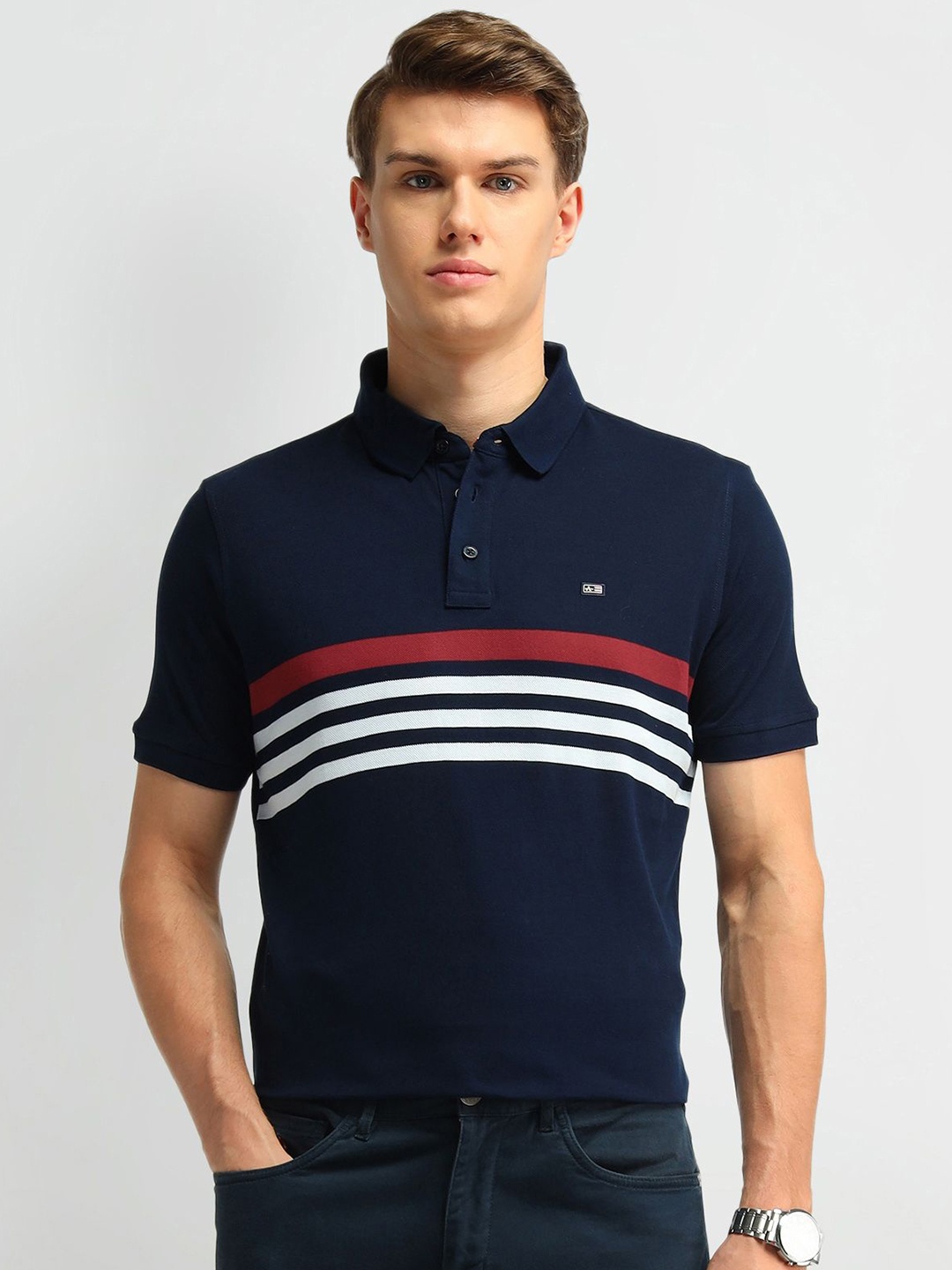 

Arrow Sport Men Brand Logo Striped Polo Collar Pockets T-shirt, Navy blue