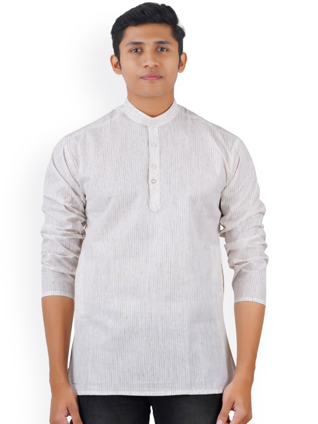 

Ethazh Striped Mandarin Collar Straight Short Kurta, White