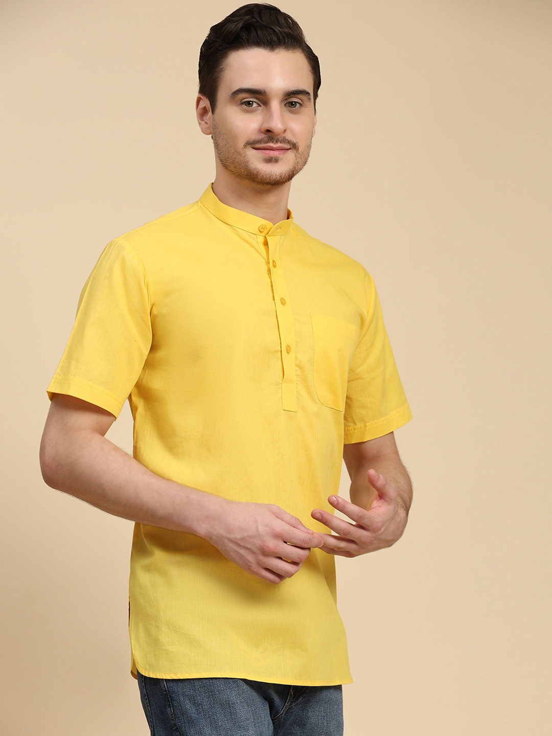 

SKAVIJ Mandarin Collar Cotton Pathani Kurta, Yellow