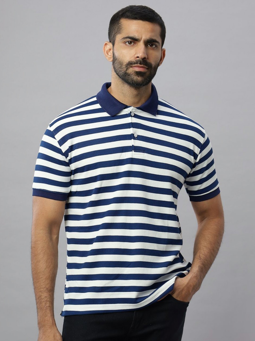 

N AND J Men Striped Polo Collar Cotton T-shirt, Blue