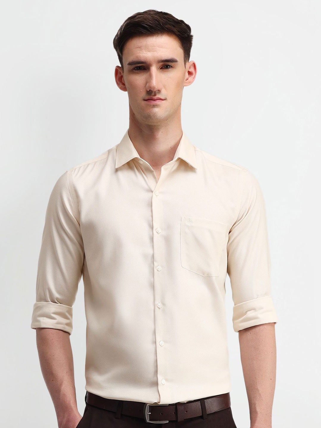 

Arrow Men Manhattan Spread Collar Textured Cotton Slim Fit Formal Shirt, Beige
