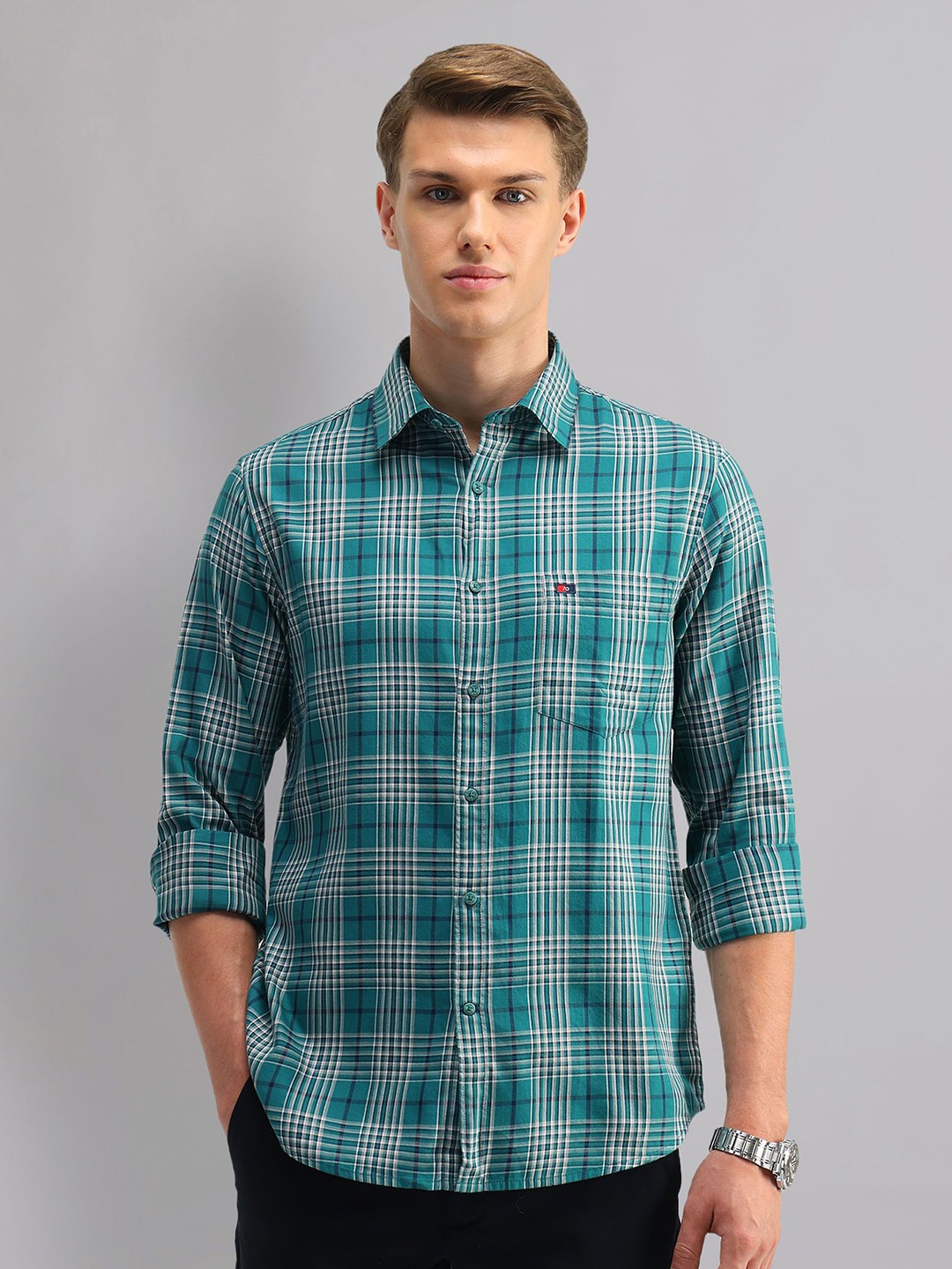 

AD By Arvind Men Spread Collar Tartan Checked Cotton Slim Fit Casual Shirt, Green