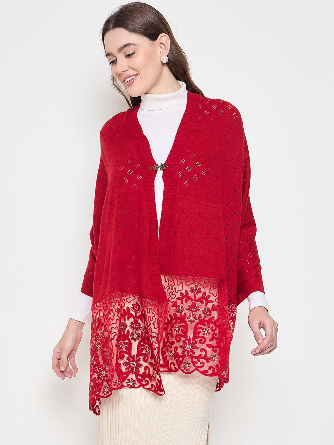 

Knitstudio Floral Embroidered V-Neck Poncho Sweaters, Red