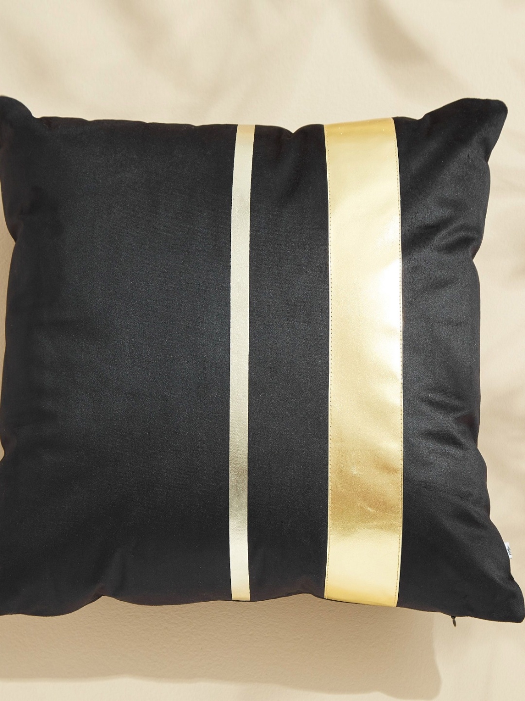 

Home Centre Blanco Black & Gold-Toned Striped Square Filled Cushion