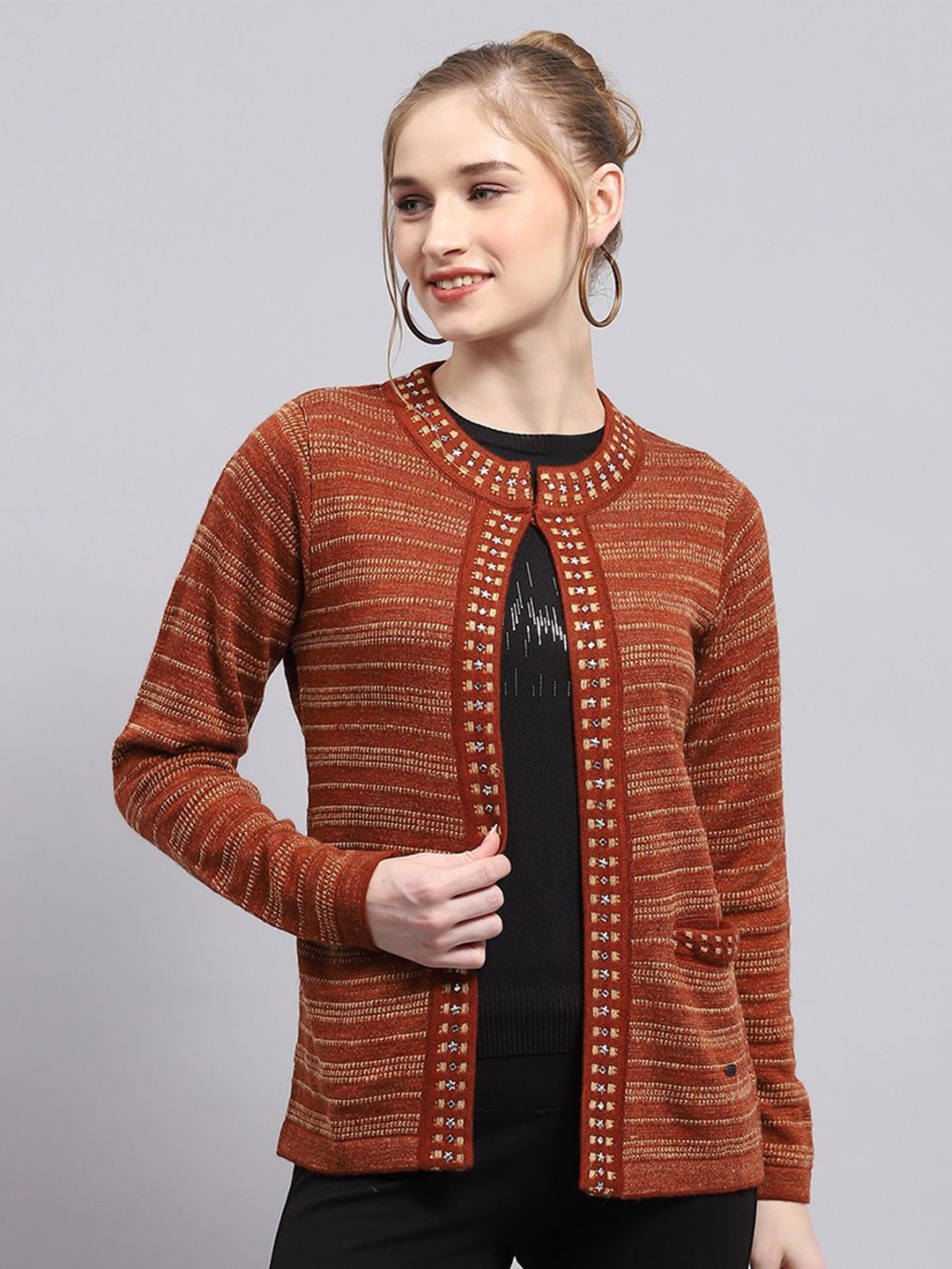 

Monte Carlo Women Striped Woollen Long Sleeves Cardigan, Rust