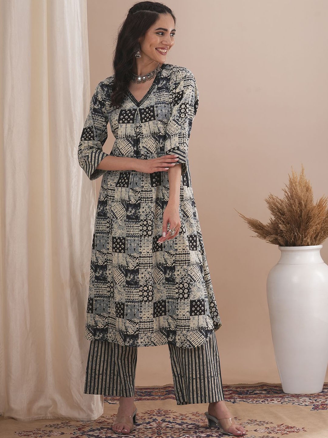 

FASHOR Abstract Printed Pure Cotton A-Line Kurta With Palazzo, Grey