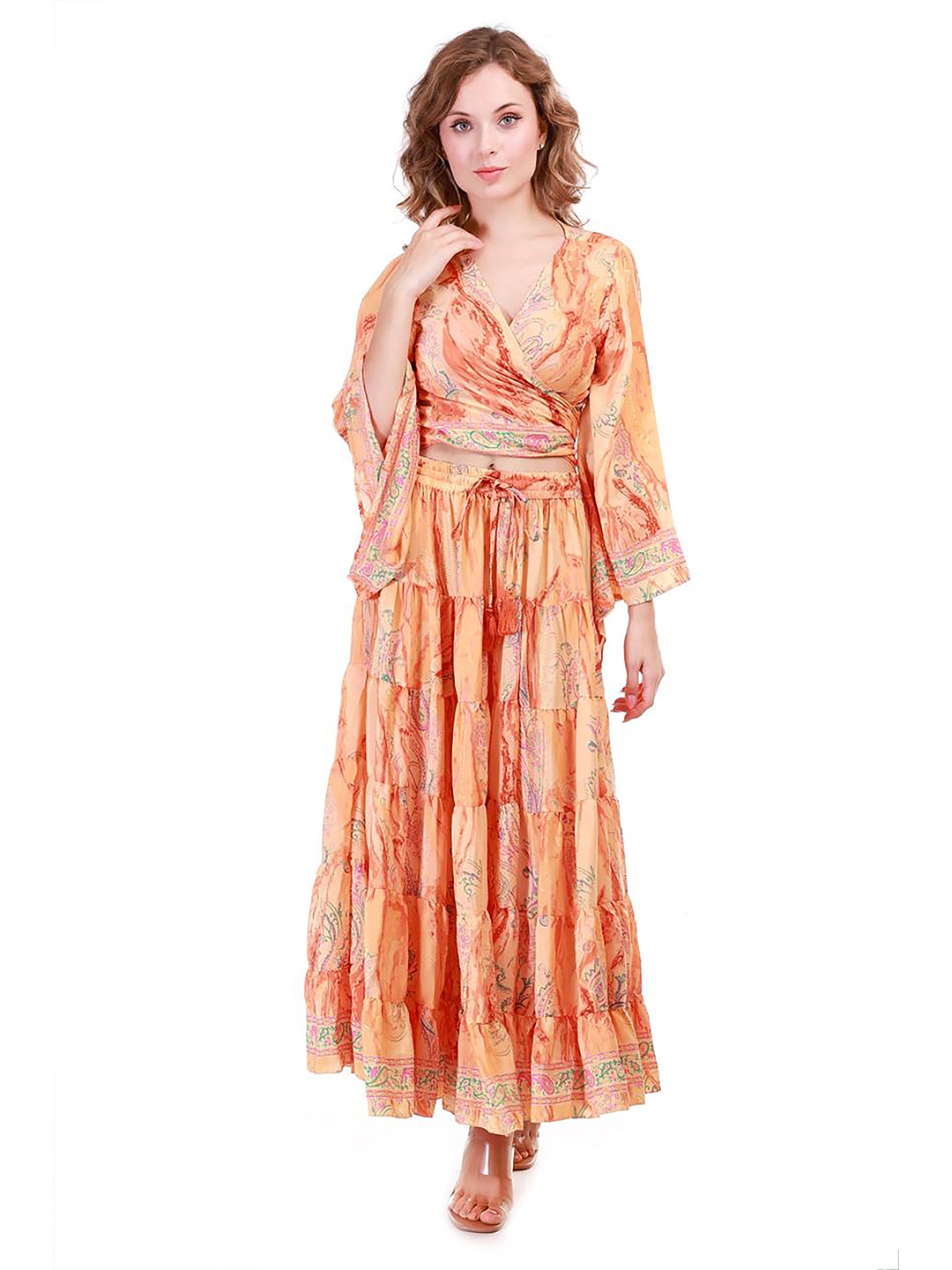 

KWEEN Floral Print Flared Sleeve Satin Fit & Flare Maxi Dress, Orange