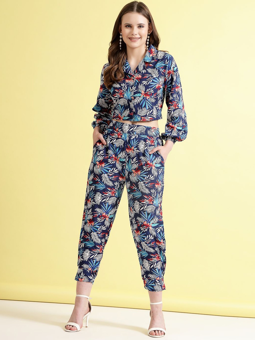 

BEING NAUGHTY Floral Printed Lapel Collar Long Sleeves Top & Trouser, Navy blue