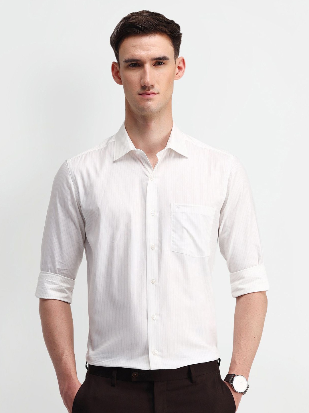 

Arrow Men Classic Spread Collar Vertical Striped Cotton Formal Shirt, Beige