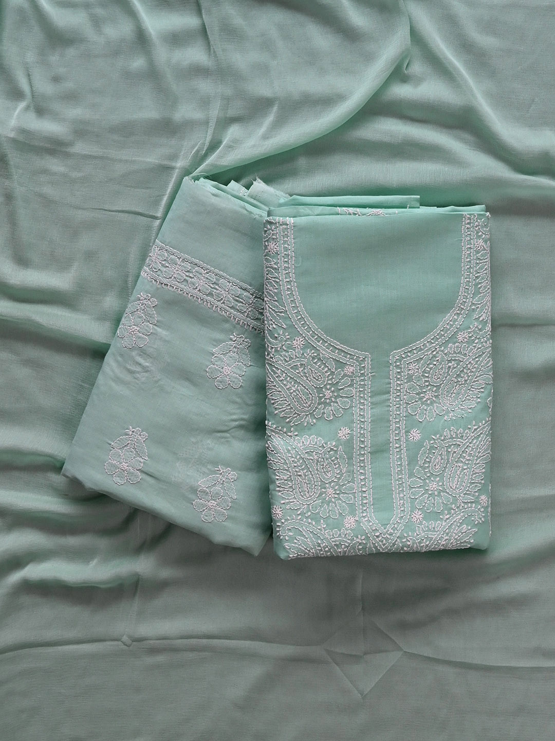 

Seva Chikan Ethnic Motifs Embroidered Lucknowi Chikankari Unstitched Dress Material, Sea green