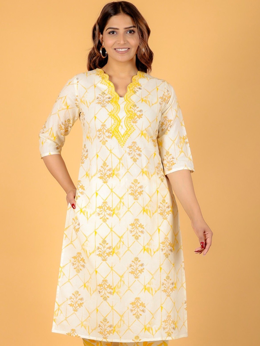 

Aramya Floral Printed Thread Work Cotton Straight Kurta, Yellow