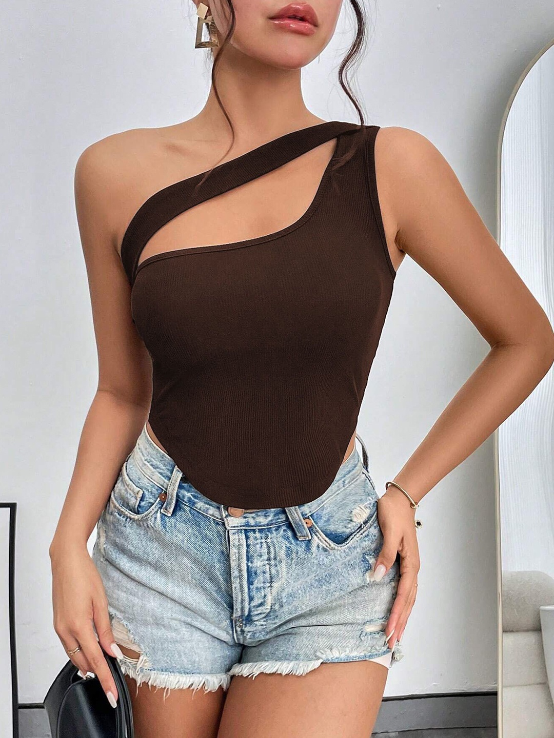 

HERE&NOW Women One Shoulder Top, Coffee brown