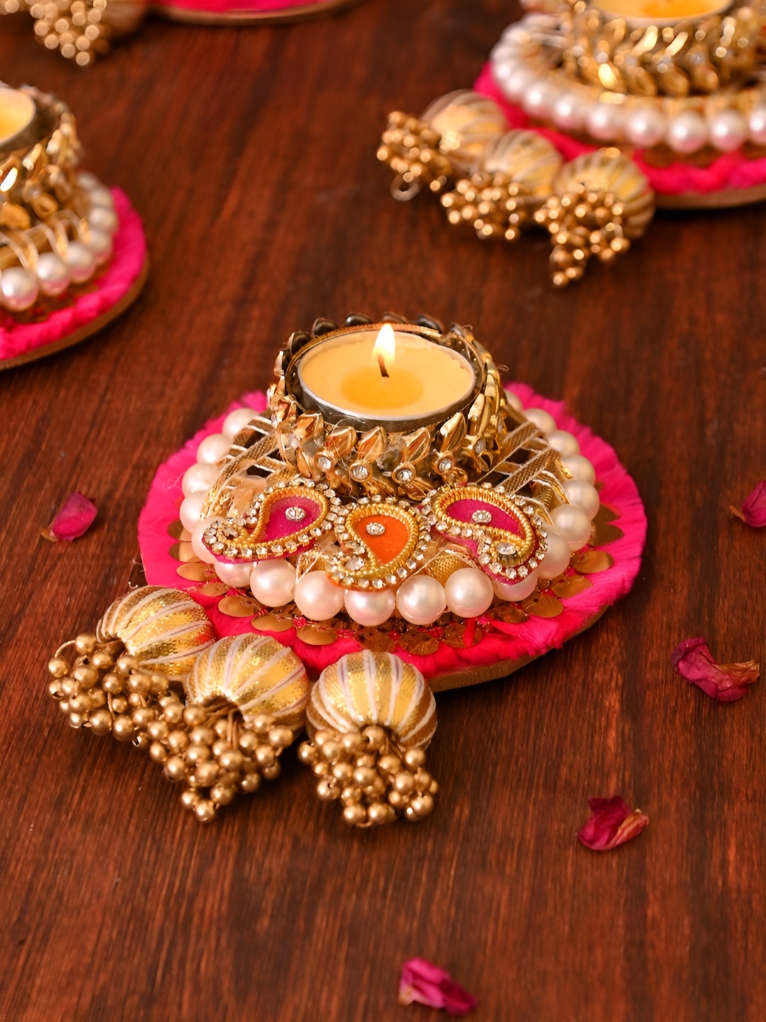 

Aapno Rajasthan Pink & Gold Toned 2 Pieces Embellished Metal Tea Light Candels