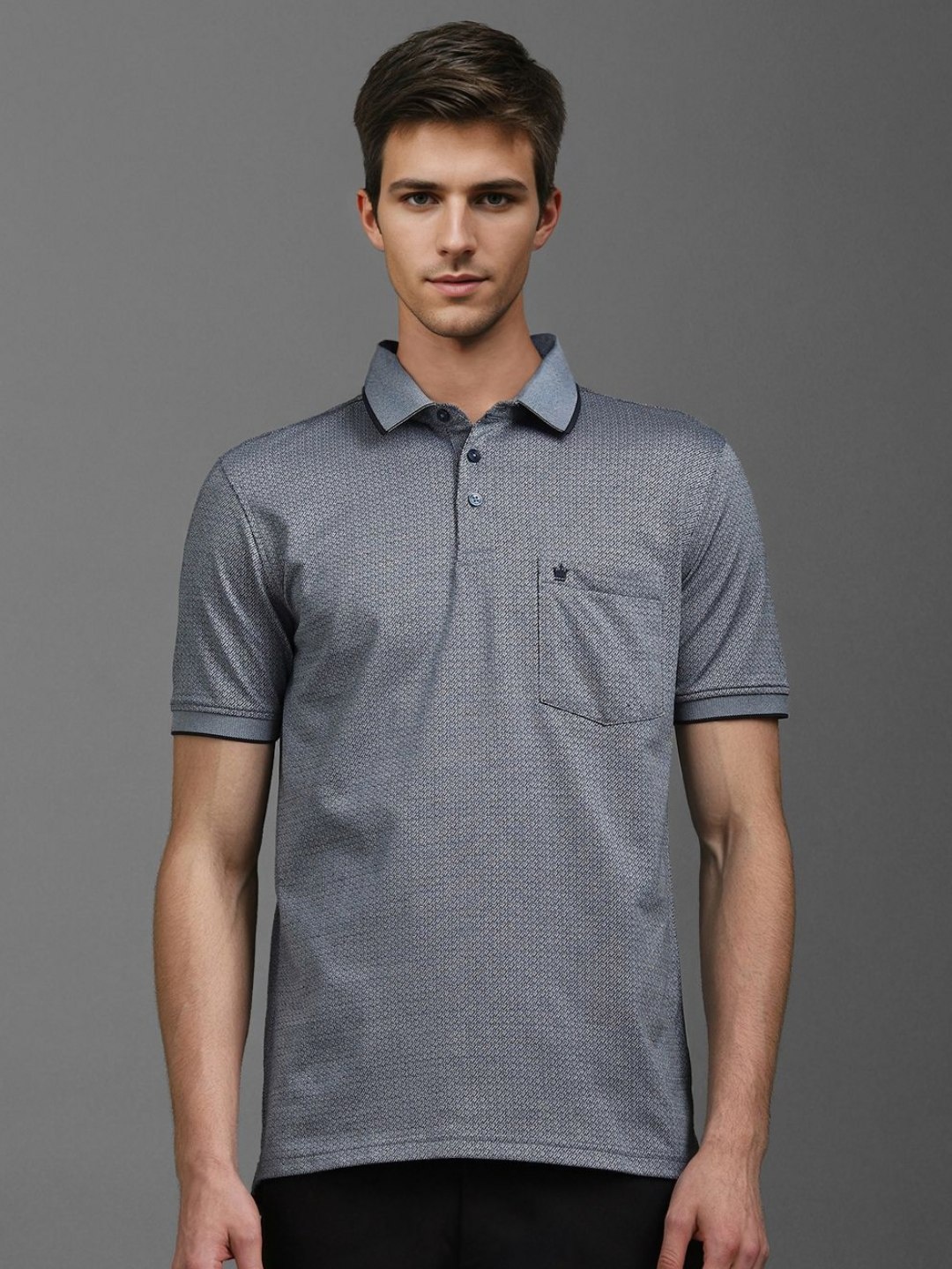

Louis Philippe Men Geometric Printed Polo Collar Cotton T-shirt, Grey