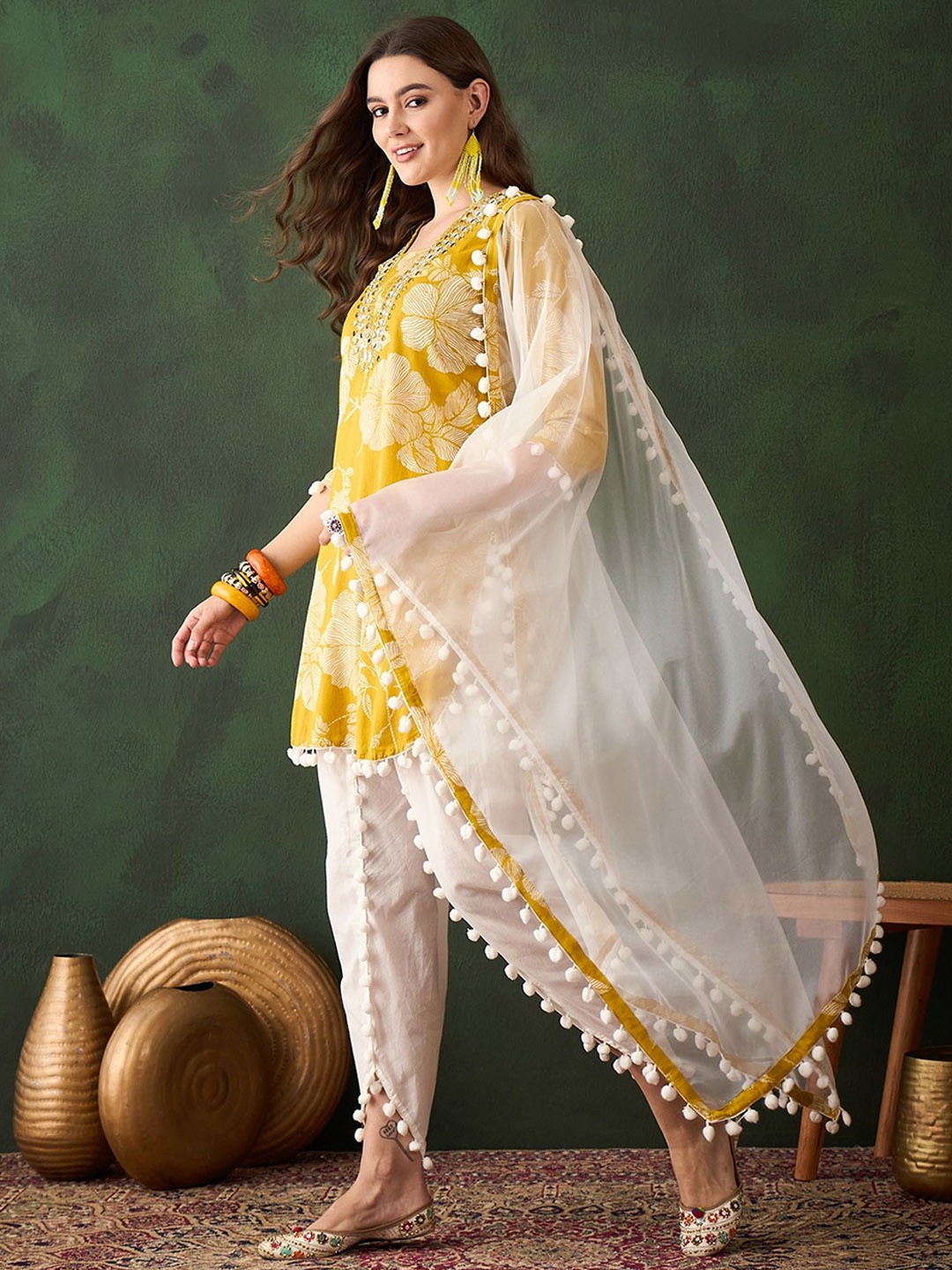 

Sangria Blue Floral Printed Mirror Work Pure Cotton Kurta With Dhoti Pant & Dupatta, Yellow