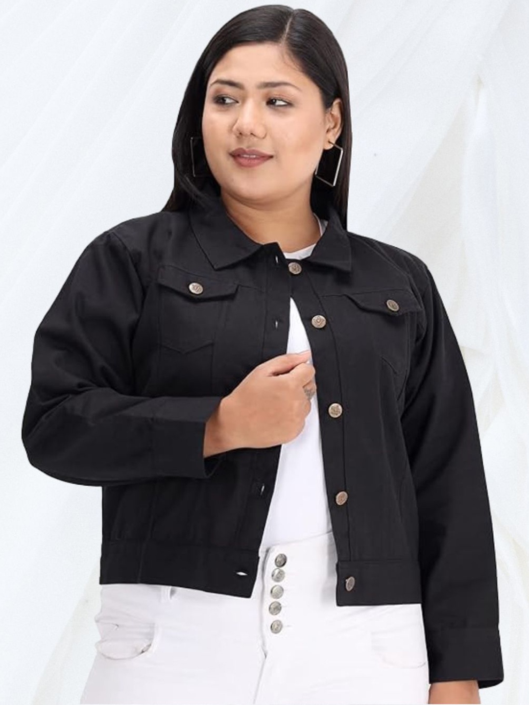 

Funday Fashion Women Spread Collar Solid Cotton Casual Plus Size Denim Jacket, Black