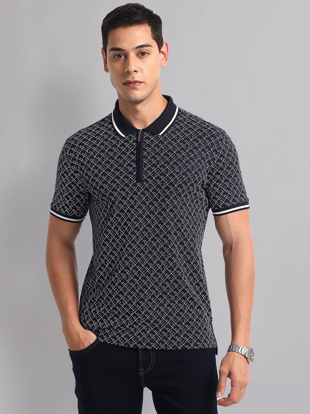 

AD By Arvind Men Abstract Printed Polo Collar Slim Fit T-shirt, Navy blue