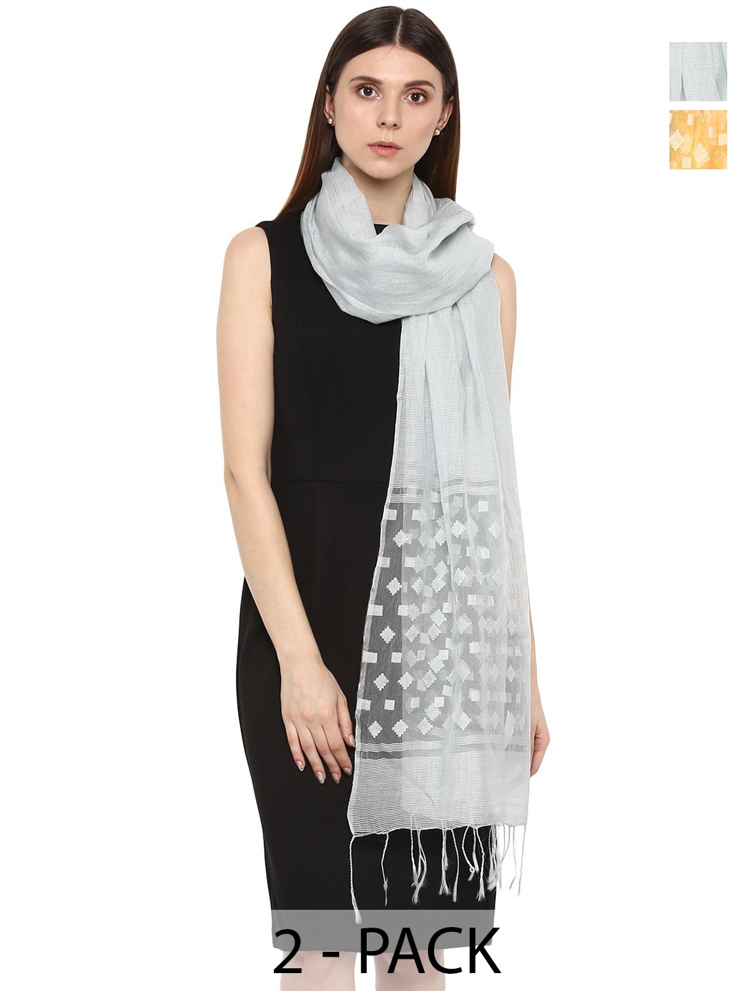 

Rhe-Ana Pack Of 2 Woven Design Dupatta, Silver