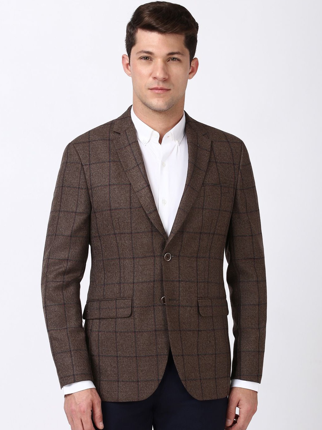 

Peter England Elite Checked Notched Lapel Single-Breasted Slim-Fit Blazer, Brown