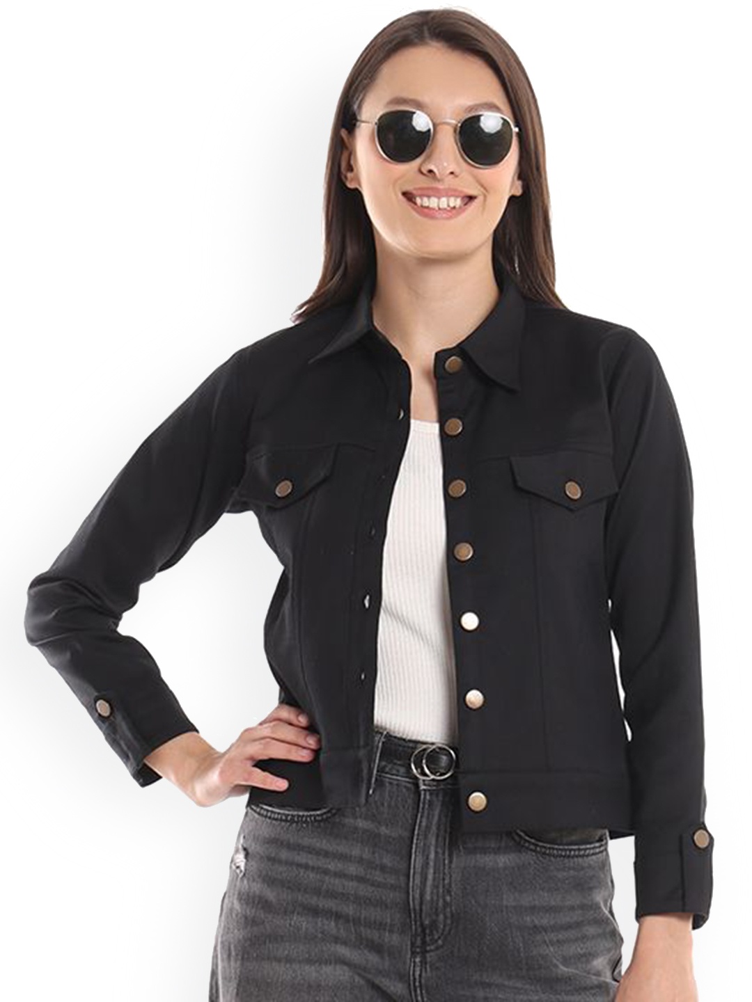 

Gazillion Women Spread Collar Solid Cotton Casual Tailored Jacket, Black