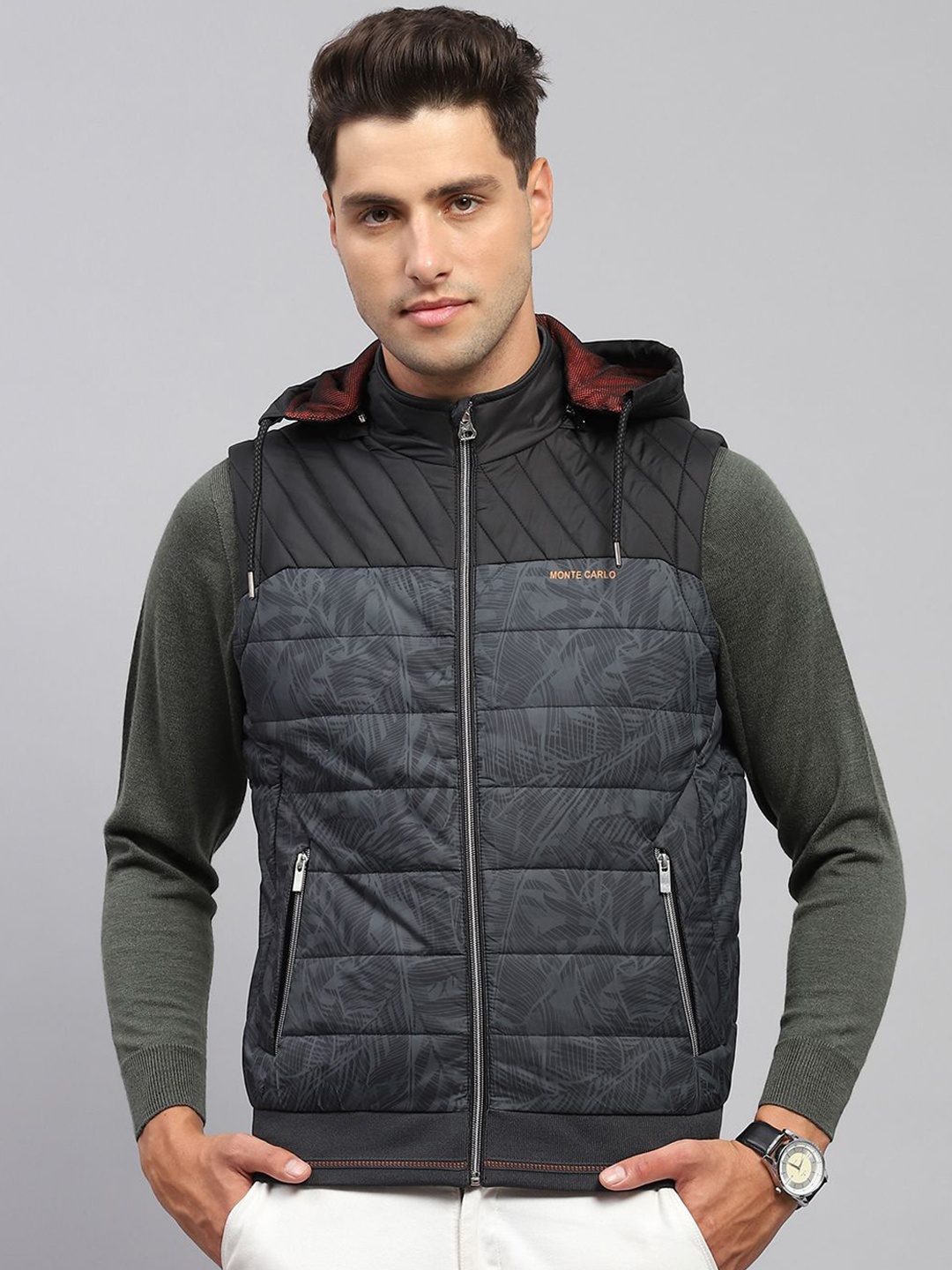 

Monte Carlo Men Hooded Abstract Printed Casual Padded Jacket, Black