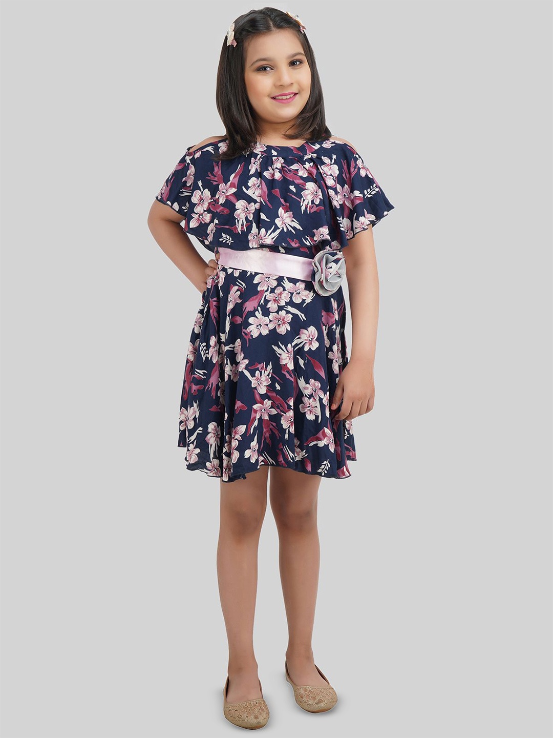 

BEING NAUGHTY Girls Floral Print A-Line Dress With Belt, Blue