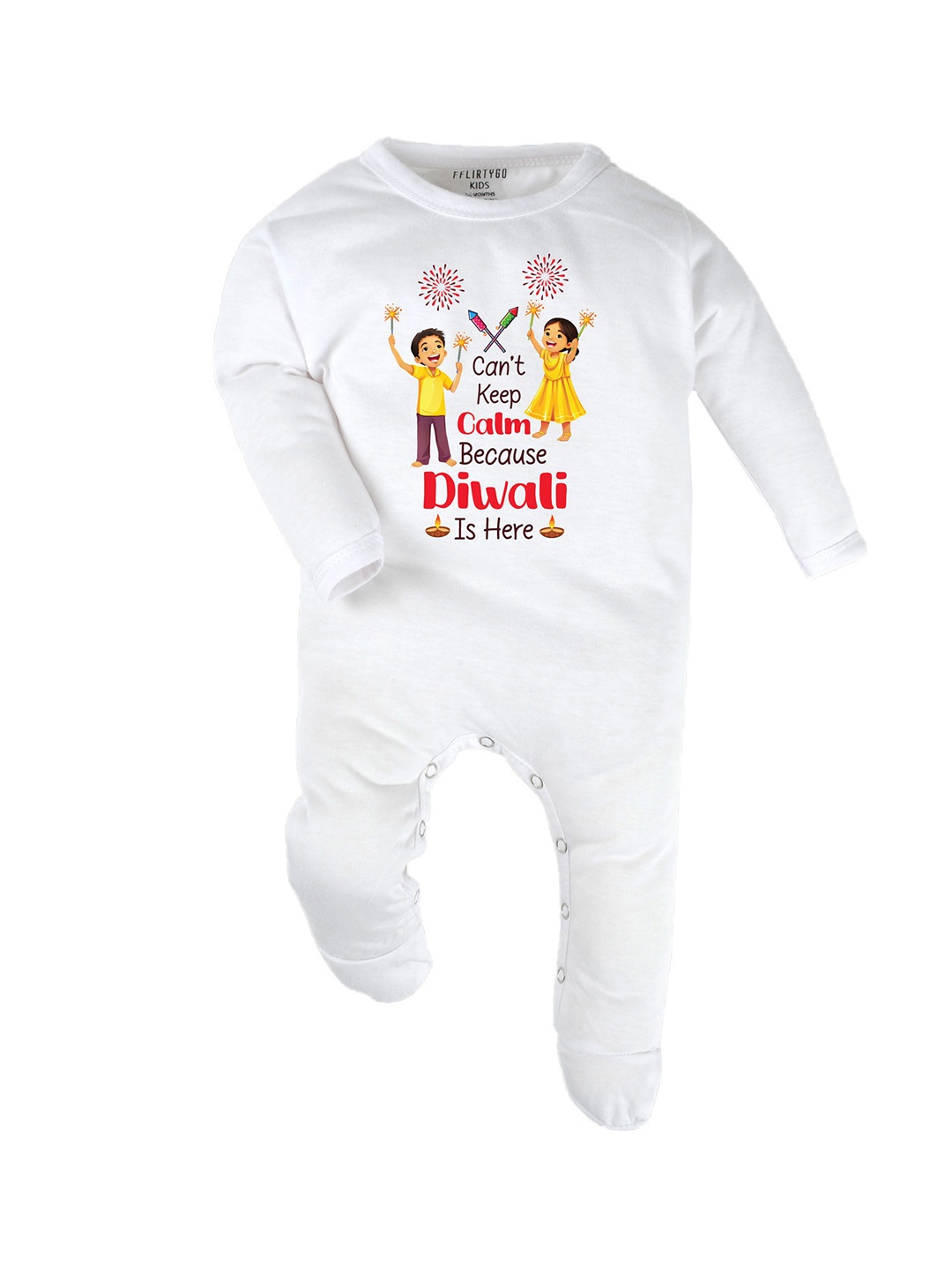 

FFLIRTYGO Kids - Unisex Infants Diwali Romper Baby Wear Printed Sleepsuit, White
