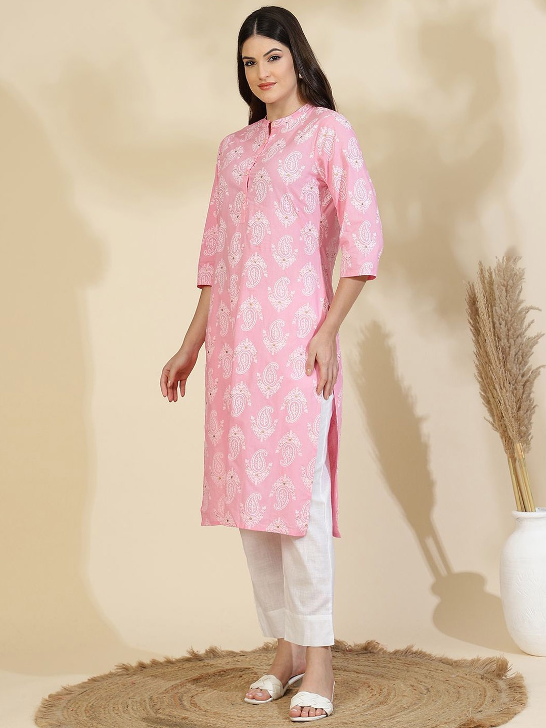 

all about you Ethnic Motifs Printed Pure Cotton Straight Kurta, Pink