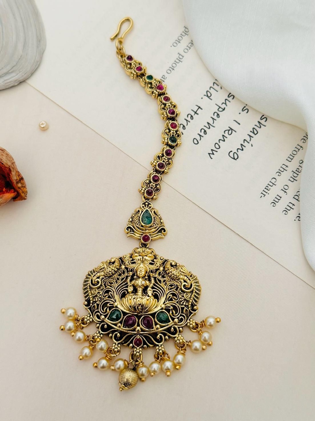 

ABDESIGNS Gold-Plated Stone Studded and Beaded Temple Maang Tikka