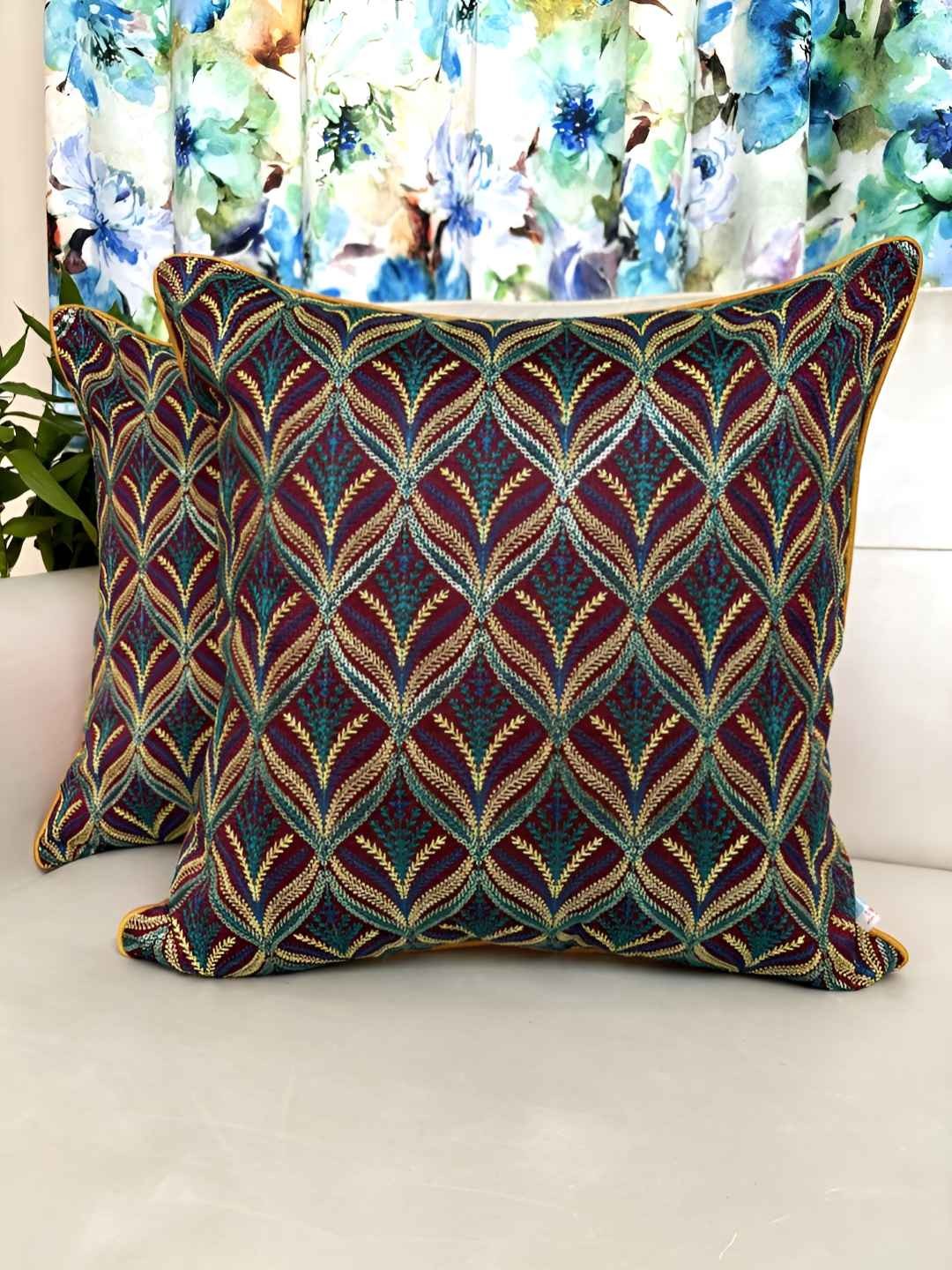 

TARA- Sparkling Homes Red & Cream-Coloured Set of 2 Embroidered Square Cushion Covers