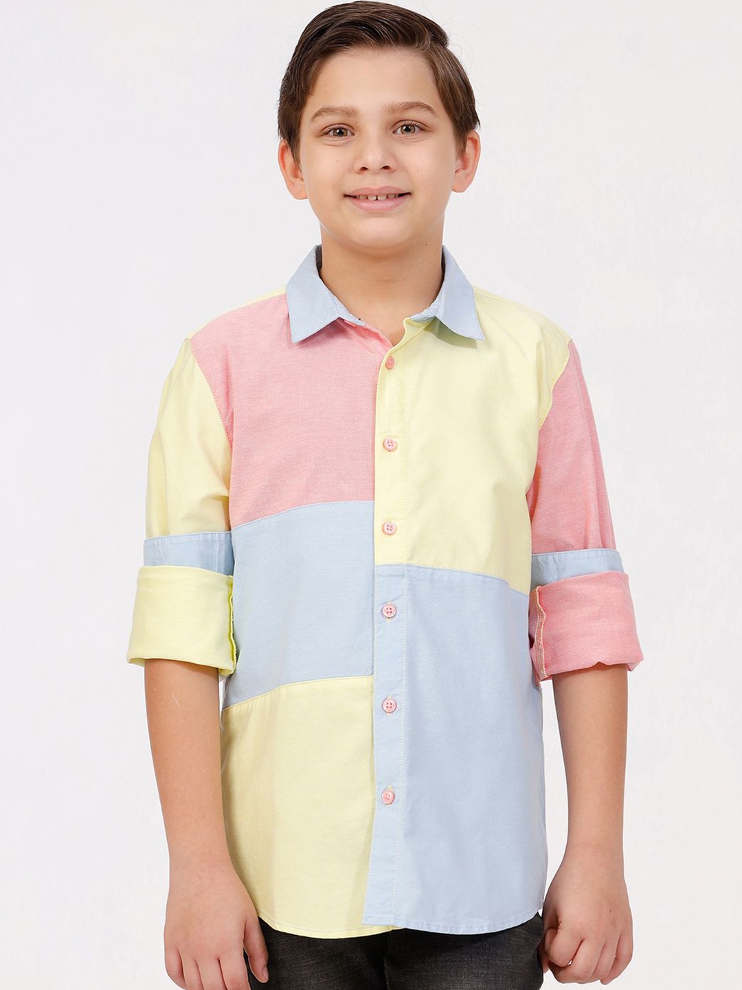 

KATE & OSCAR Boys Cutaway Collar Colourblocked Cotton Casual Shirt, Yellow