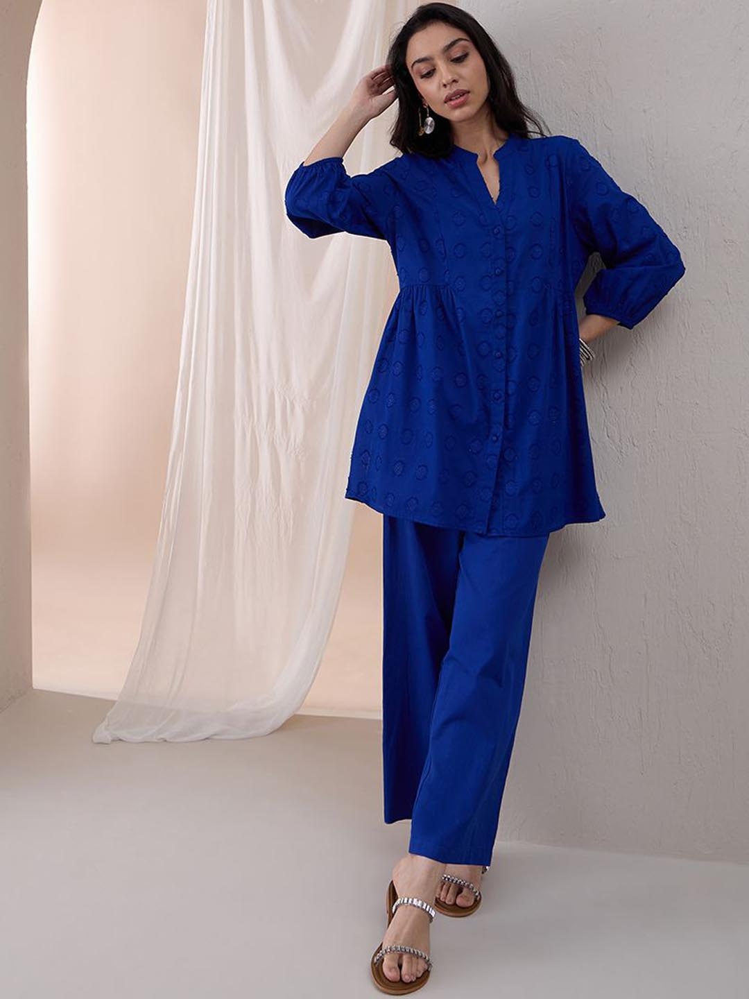 

FEMMELLA Self-Design Cotton Lurex Tunic & Trouser Co-Ords, Blue
