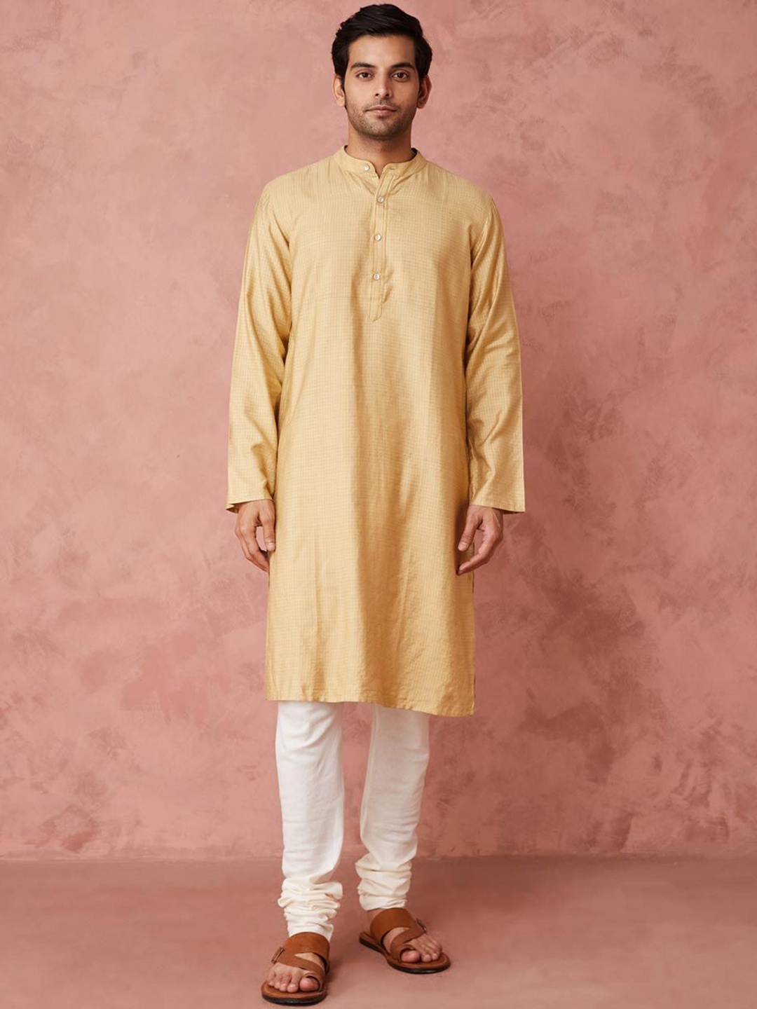 

Fabindia Checked Mandarin Collar Straight Kurta, Beige