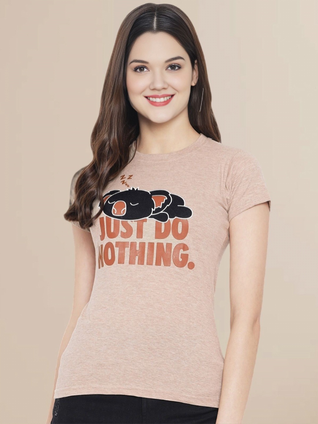 

Metronaut Women Typography Printed Round Neck Cotton T-shirt, Beige
